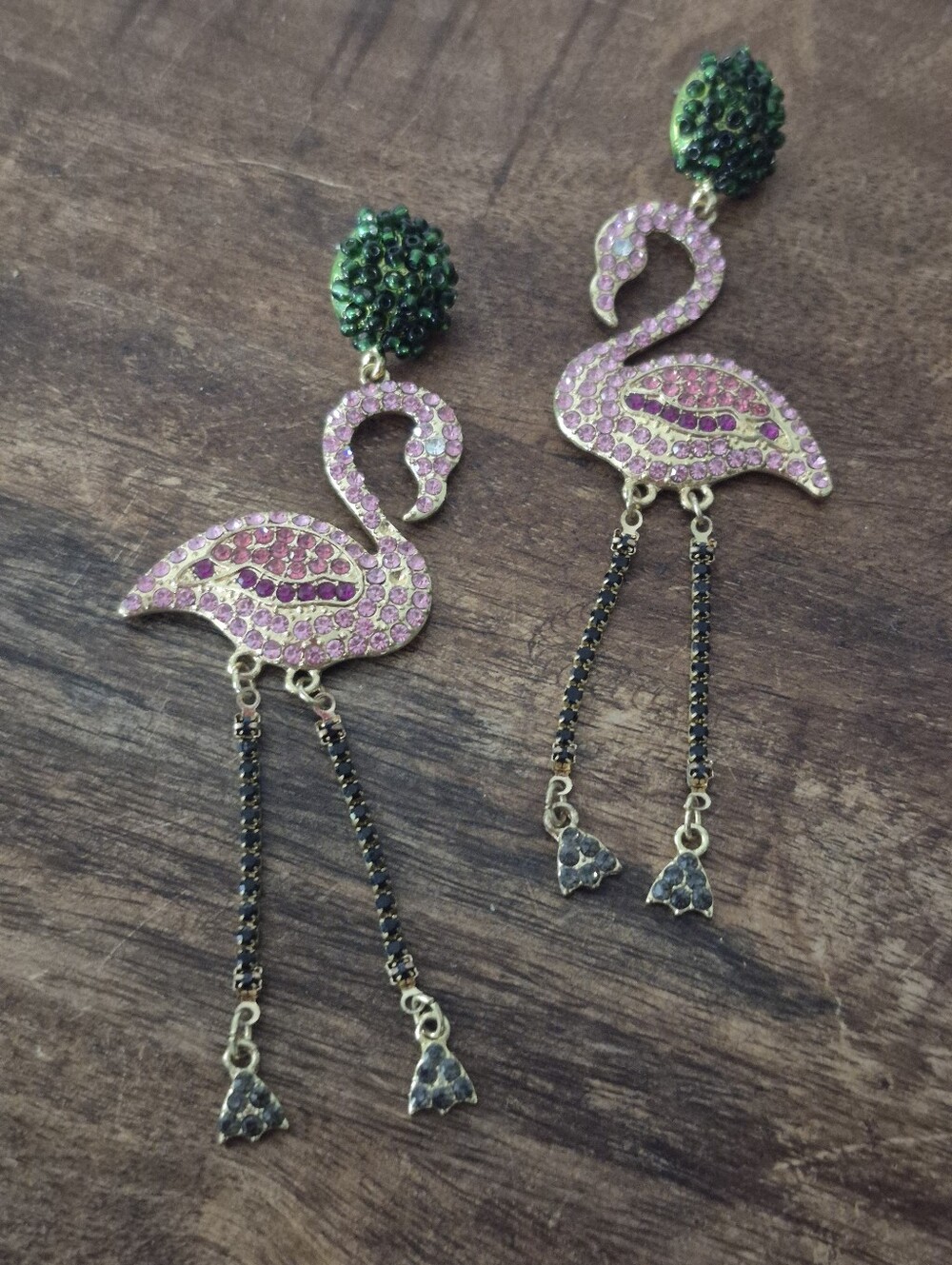 Pink & Green Rhinesrone Flamingo Drop Earrings